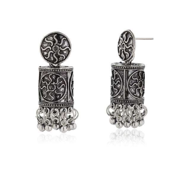 "Beautiful cylindrical-shaped oxidized jhumkas, showcasing a unique and elegant design."
