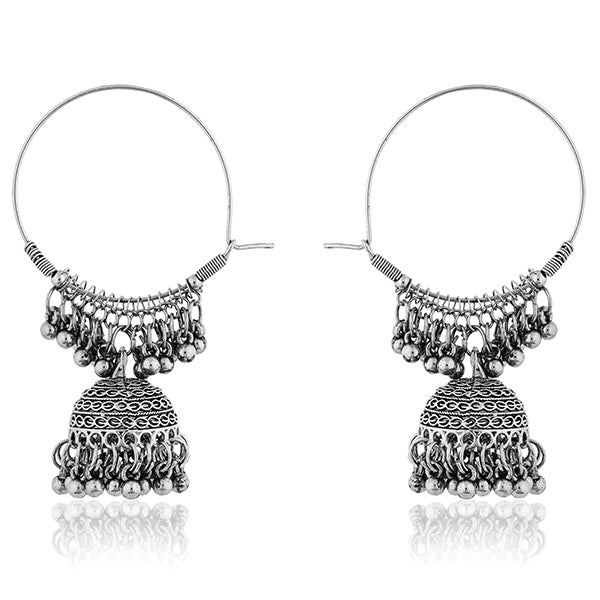 Beautiful oxidized jhumka earrings with intricate detailing, showcasing traditional elegance."
