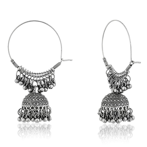 Beautiful oxidized jhumka earrings with intricate detailing, showcasing traditional elegance."
