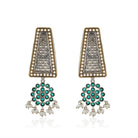 Dual-color oxidized dangler earrings with green stones and pearls, perfect for a festive charm.
