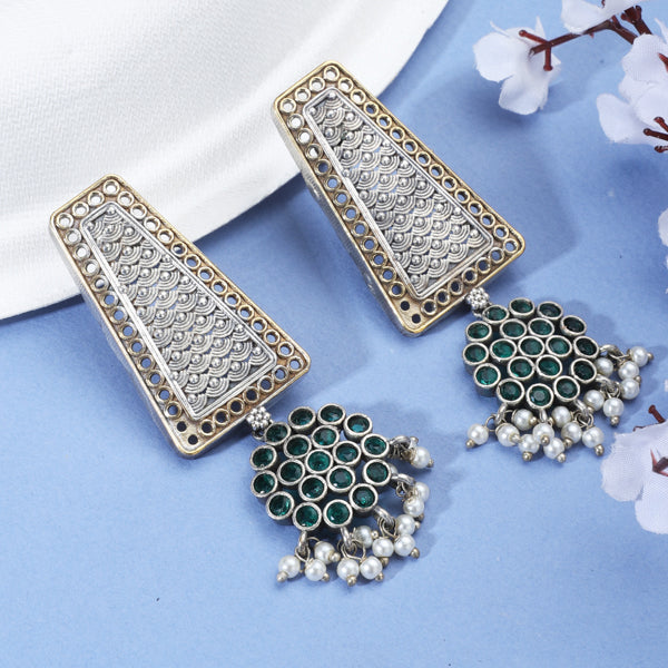 Dual-color oxidized dangler earrings with green stones and pearls, perfect for a festive charm.
