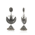 Traditional oxidized long jhumka earrings with intricate detailing for festive elegance.
