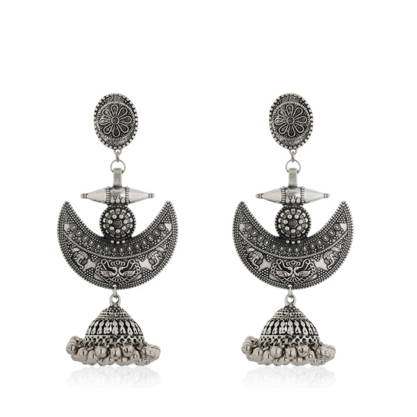 Traditional oxidized long jhumka earrings with intricate detailing for festive elegance.
