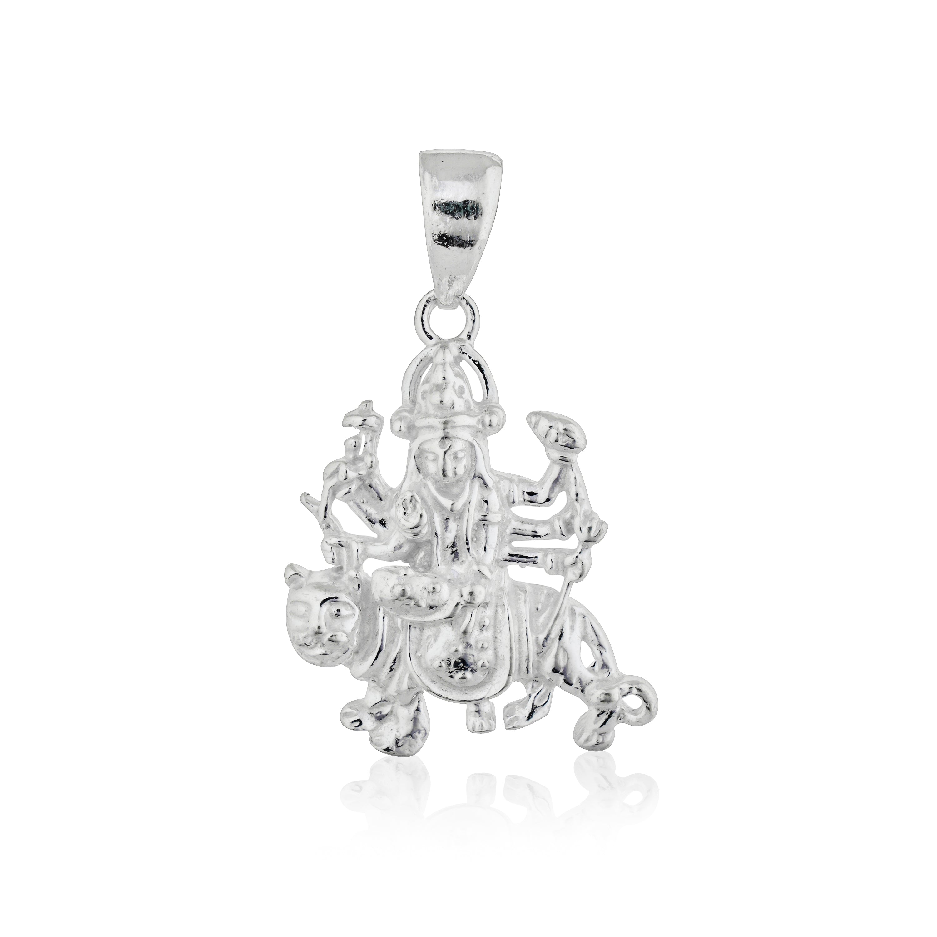 Intricately crafted 925 silver pendant with Goddess Durga design, symbolizing strength and devotion.
