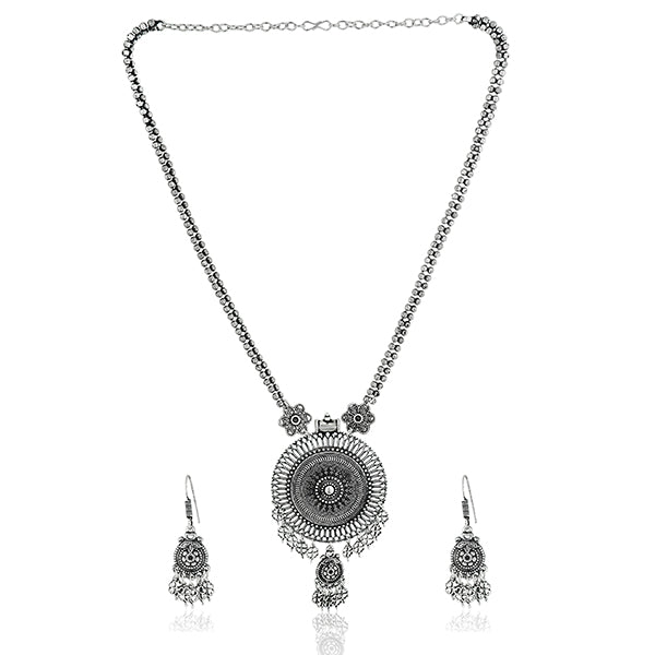 Stunning oxidized long necklace set with detailed design, perfect for a festive, elegant look.
