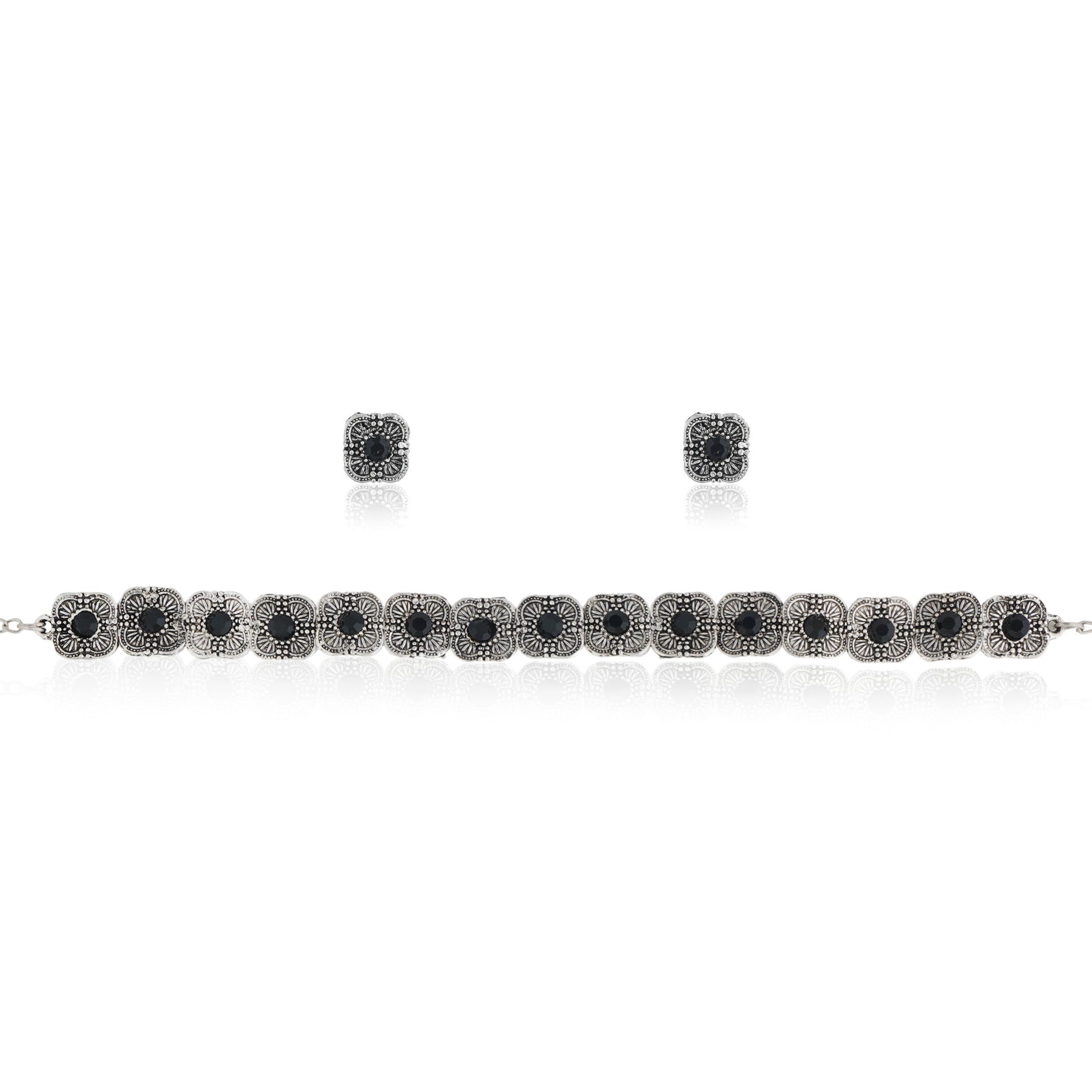 Floral design oxidized choker set with matching earrings, perfect for festive elegance.
