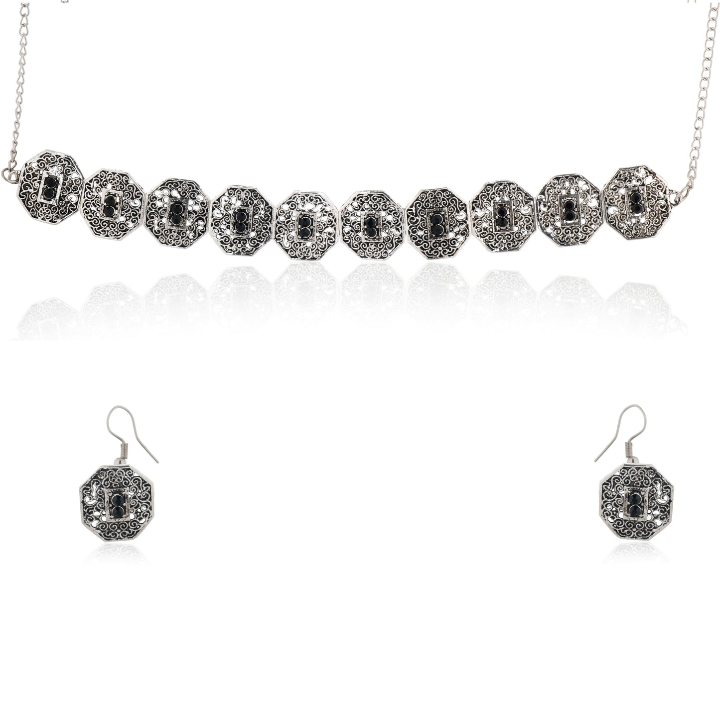 BLACK STONES STUDDED OXIDISED CHOKER SET WITH EARRINGS FOR STUNNING LOOK