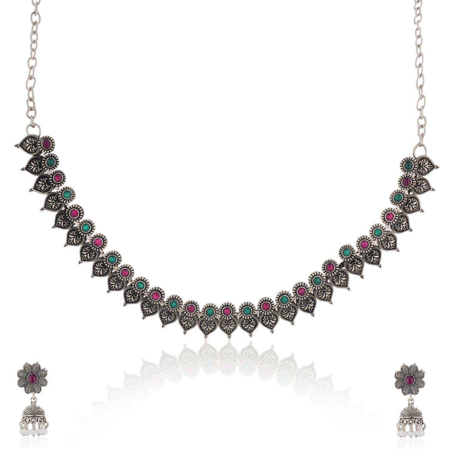 ELEGANT OXIDIZED NECKLACE SET FEATURING GREEN AND PINK STONES. THE SET INCLUDES A MATCHING PAIR OF JHUMKA EARRINGS