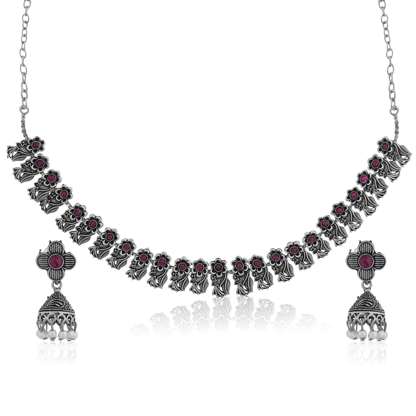 PINK STONES STUDDED ELEGENT OXIDISED NECKLACE SET WITH MATCHING EARRINGS