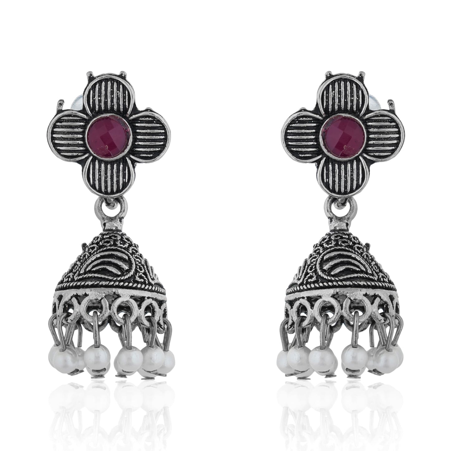 PINK STONES STUDDED ELEGENT OXIDISED NECKLACE SET WITH MATCHING EARRINGS