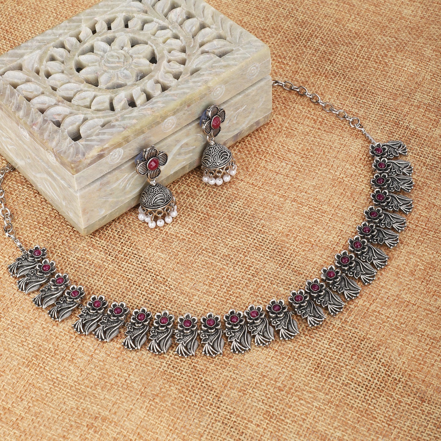 PINK STONES STUDDED ELEGENT OXIDISED NECKLACE SET WITH MATCHING EARRINGS