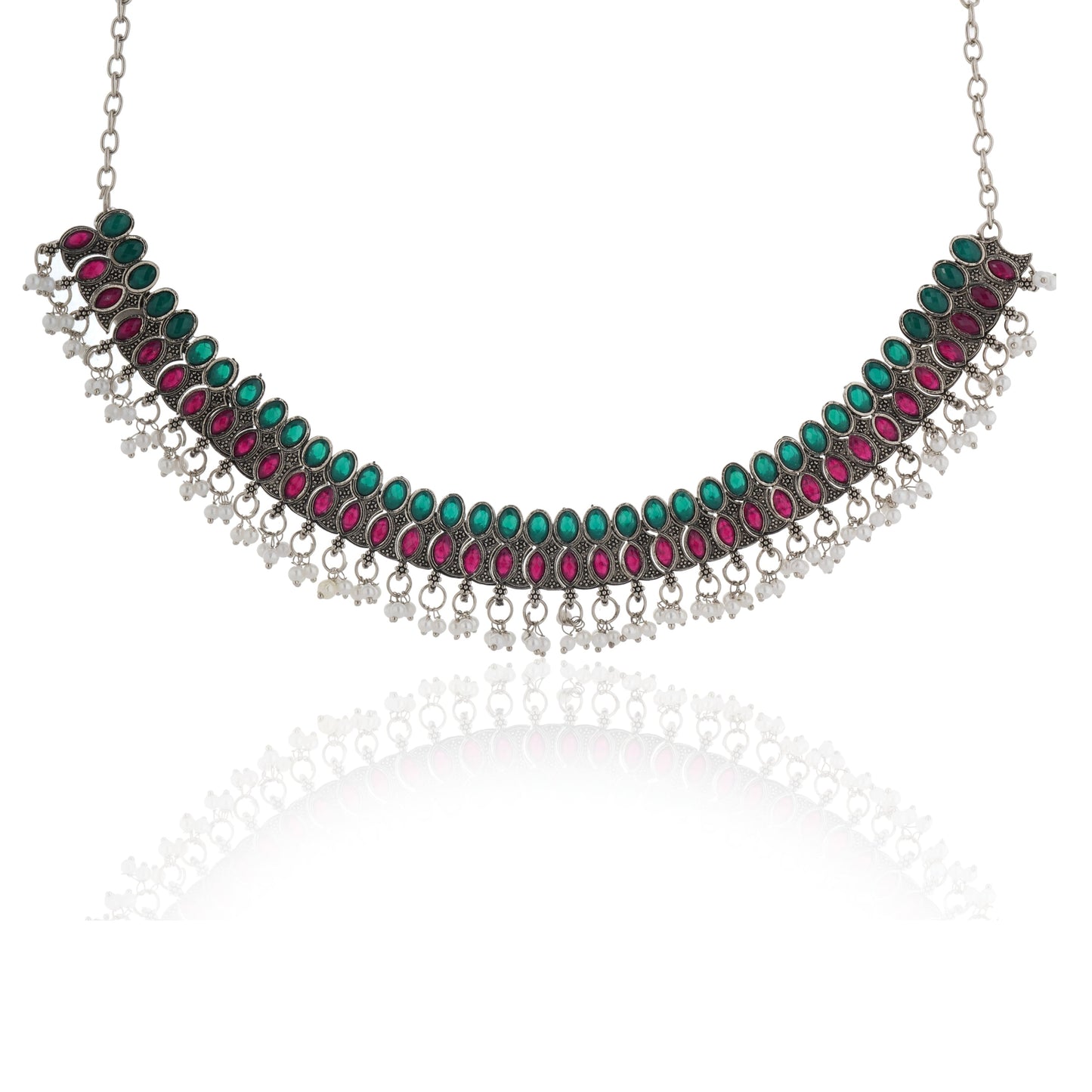 ELEGANT OXIDIZED NECKLACE SET FEATURING GREEN AND PINK STONES. THE SET INCLUDES A MATCHING PAIR OF JHUMKA EARRINGS