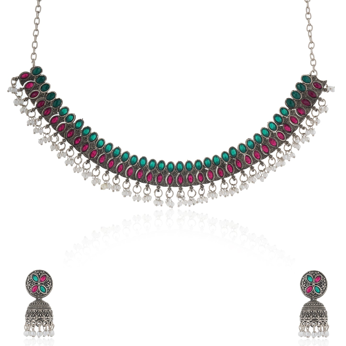 ELEGANT OXIDIZED NECKLACE SET FEATURING GREEN AND PINK STONES. THE SET INCLUDES A MATCHING PAIR OF JHUMKA EARRINGS