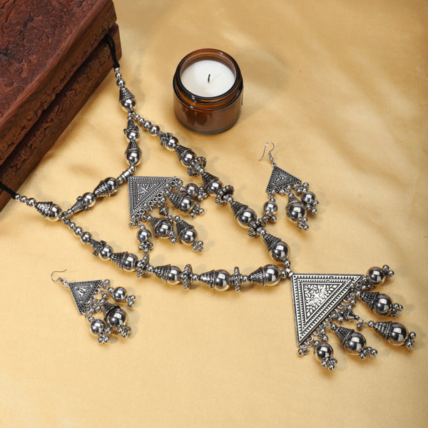 Stylish oxidized long necklace set with intricate detailing, adding vintage charm to your look.
