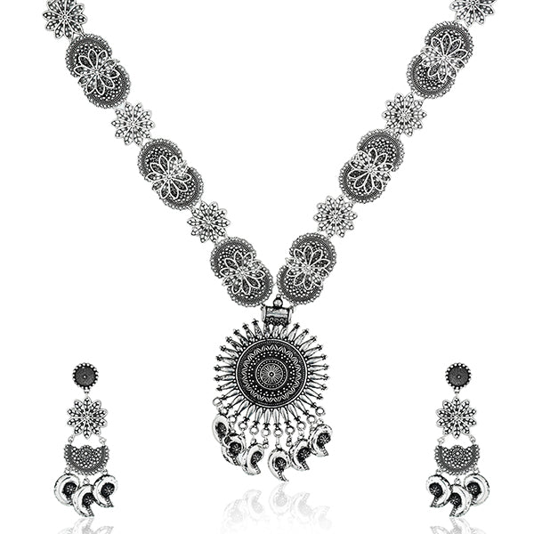 Elegant oxidized long necklace set with intricate floral design, adding classic charm to any outfit.
