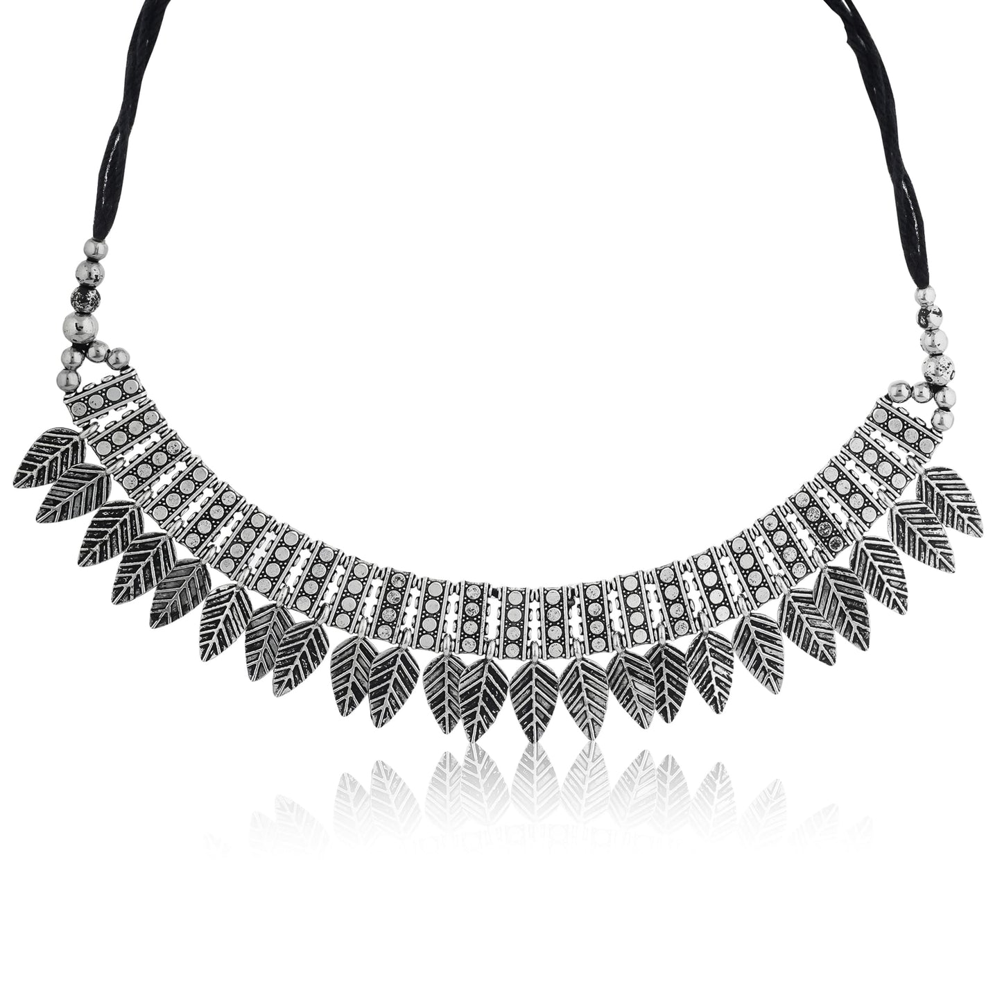 STYLISH OXIDIZED SHORT NECKLACE SET FEATURING INTRICATE LEAF DESIGNS.