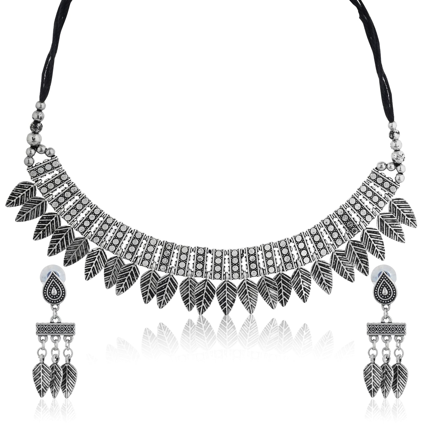 STYLISH OXIDIZED SHORT NECKLACE SET FEATURING INTRICATE LEAF DESIGNS.