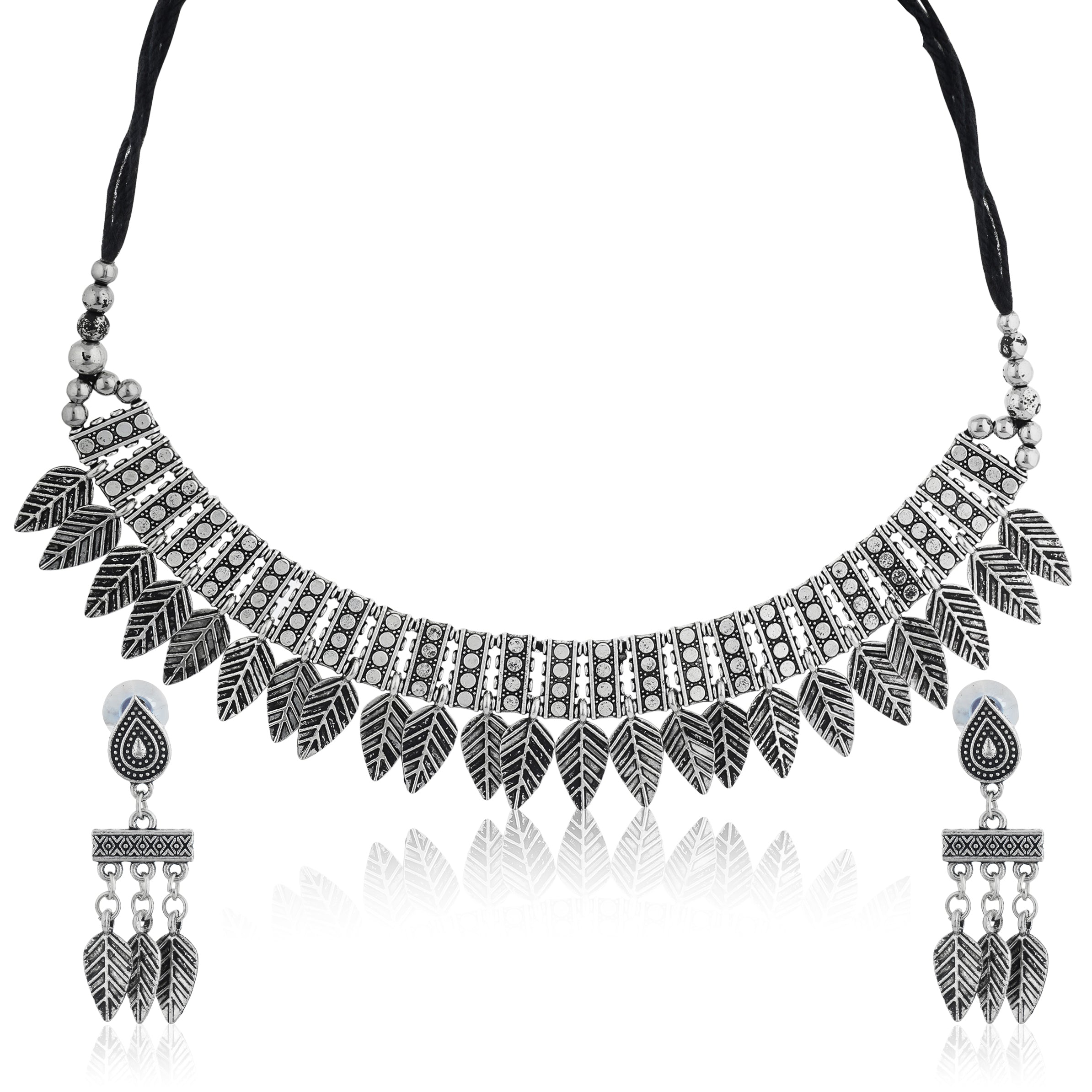 Stylish oxidized short necklace set with intricate leaf designs, perfect for festive elegance.
