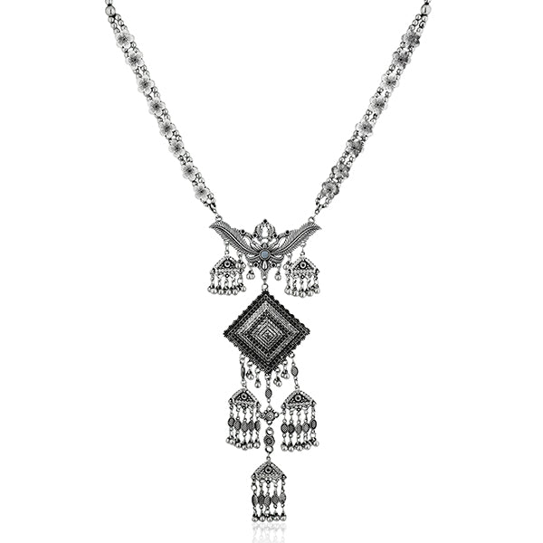 Elegant oxidized long necklace set with intricate detailing, adding vintage charm to any look.
