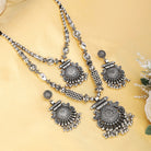 Beautiful oxidized long necklace set with intricate detailing and vintage charm for festive style.
