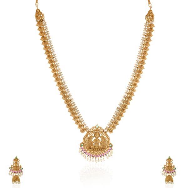 EXQUISITE GODDESS LAXMI CRAFTED LONG NECKLACE SET, SHOWCASING TRADITIONAL TEMPLE JEWELRY DESIGN. PAIRED WITH MATCHING EARRINGS,