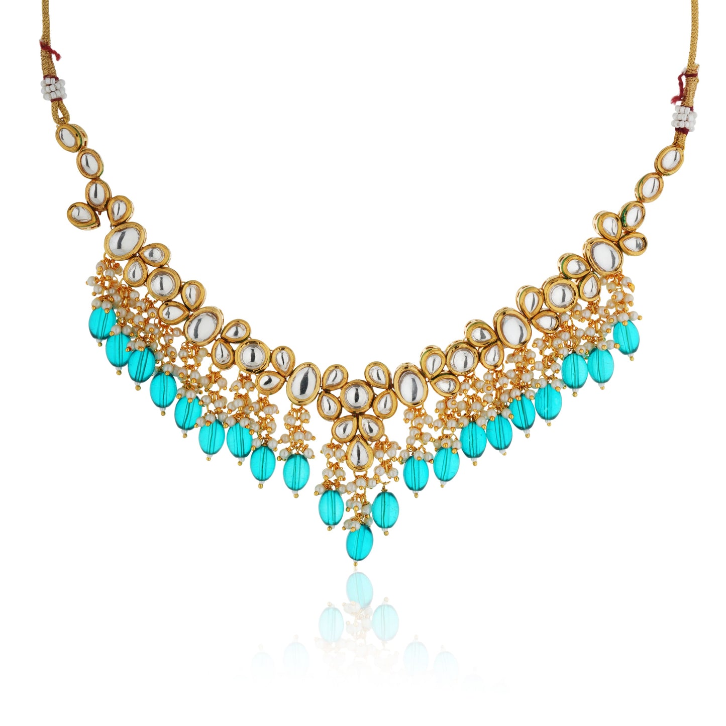 FESTIVE KUNDAN NECKLACE SET FEATURING STRIKING TEAL BIG PEARLS AND DELICATE WHITE SMALL PEARLS.