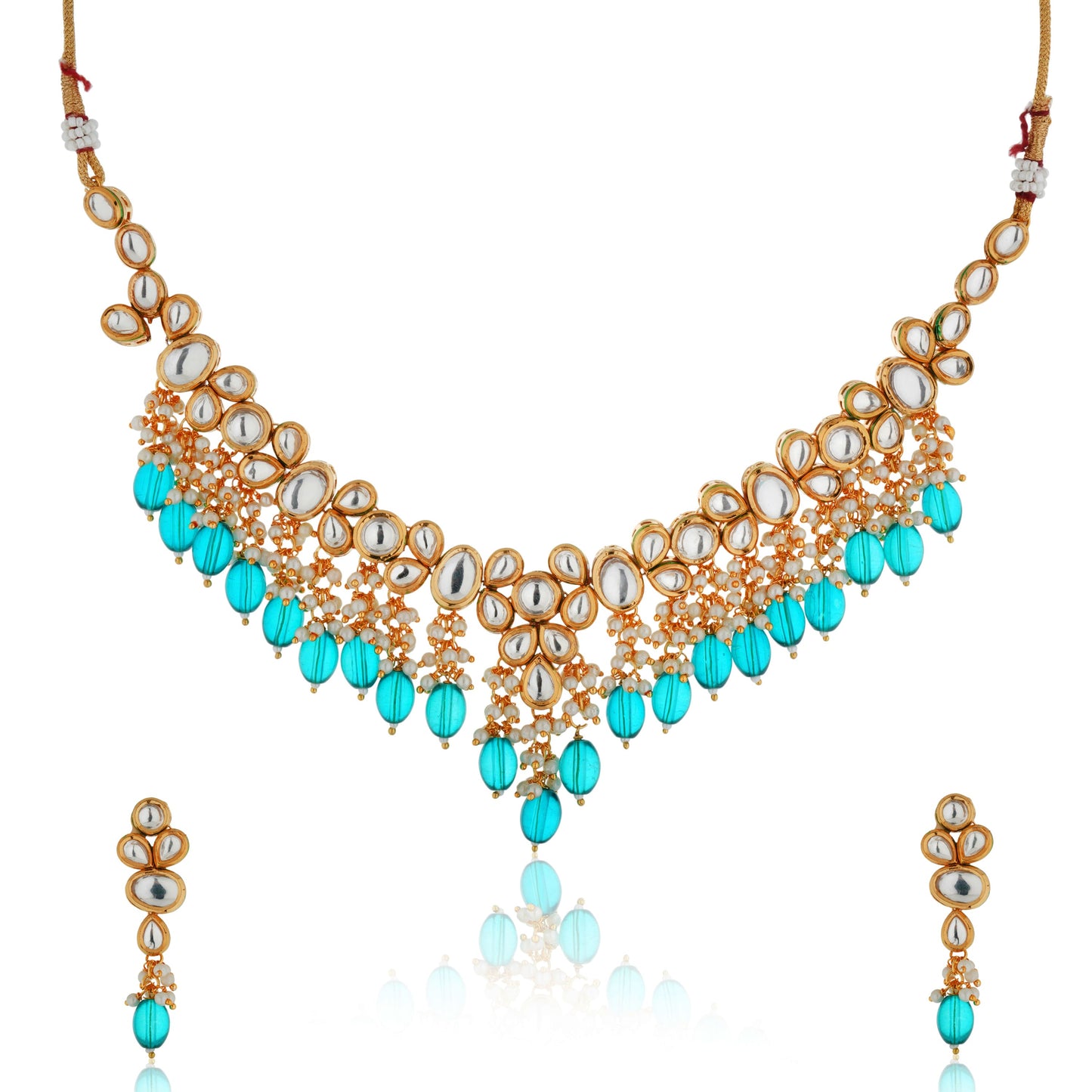 FESTIVE KUNDAN NECKLACE SET FEATURING STRIKING TEAL BIG PEARLS AND DELICATE WHITE SMALL PEARLS.