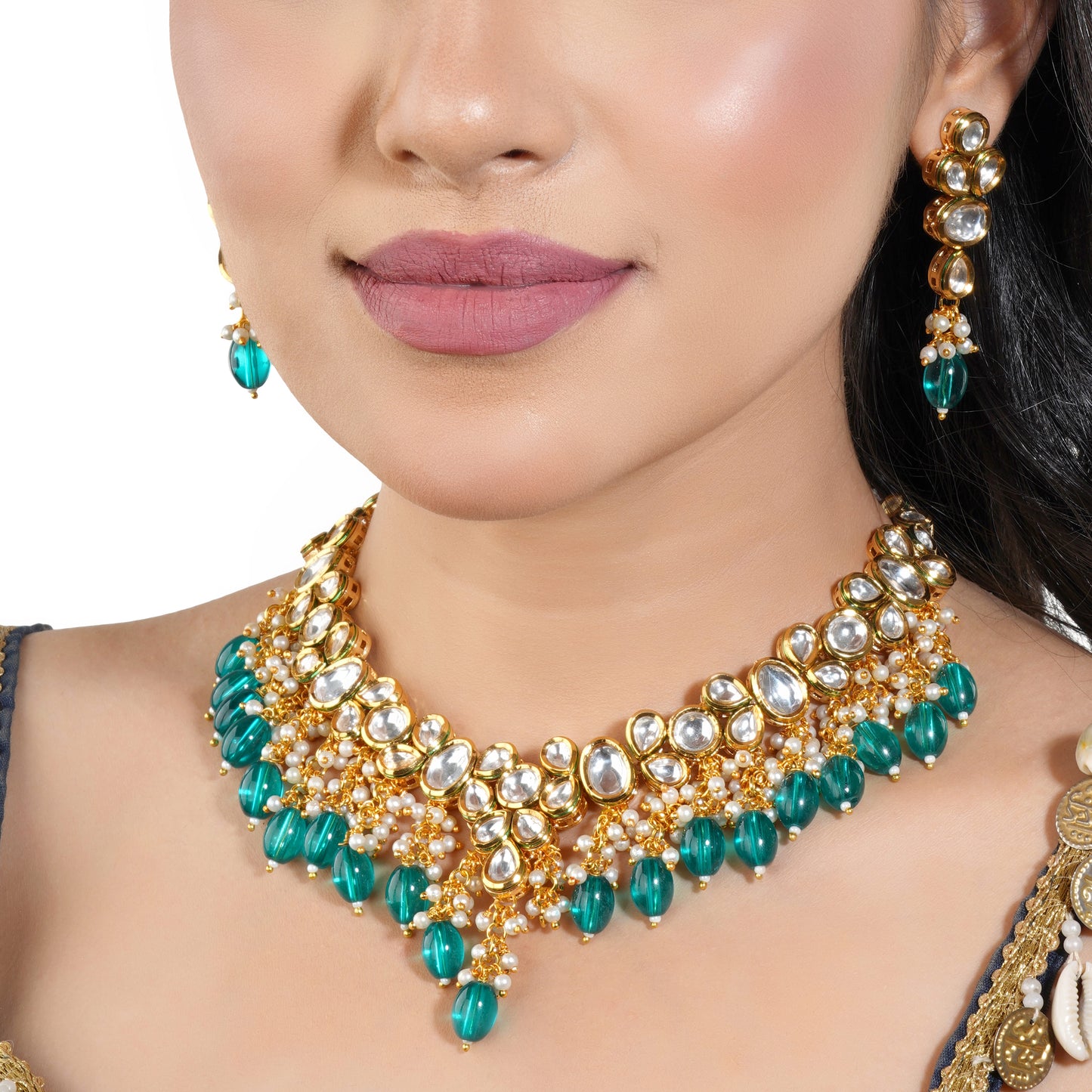 FESTIVE KUNDAN NECKLACE SET FEATURING STRIKING TEAL BIG PEARLS AND DELICATE WHITE SMALL PEARLS.