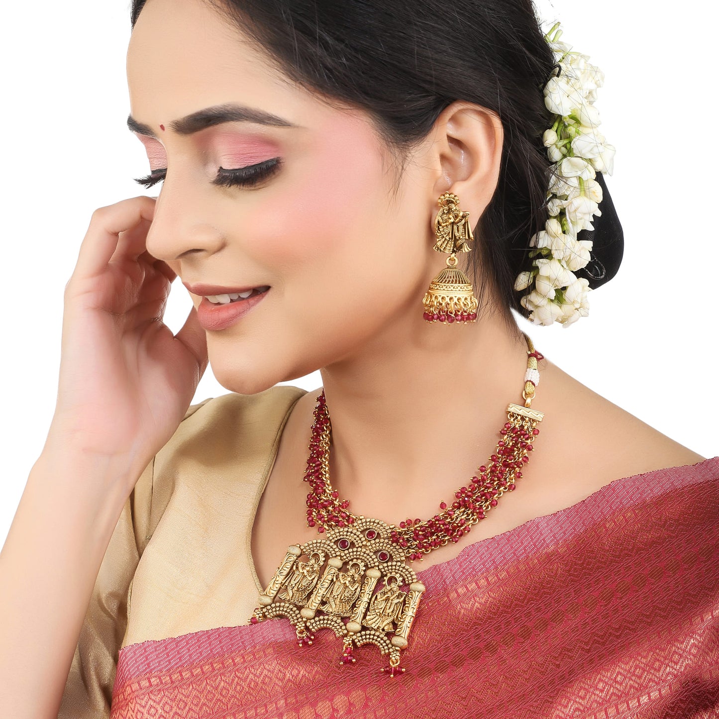 RADHA KRISHNA CRAFTED GOLDTONE NECKLACE SET WITH RED PEARLS FEATURES INTRICATE DESIGN