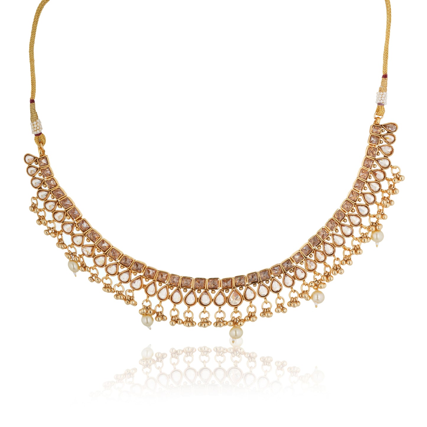 ELEGANT SHORT NECKLACE SET STUDDED WITH KUNDAN STONES, ADDING A TOUCH OF TRADITIONAL CHARM.