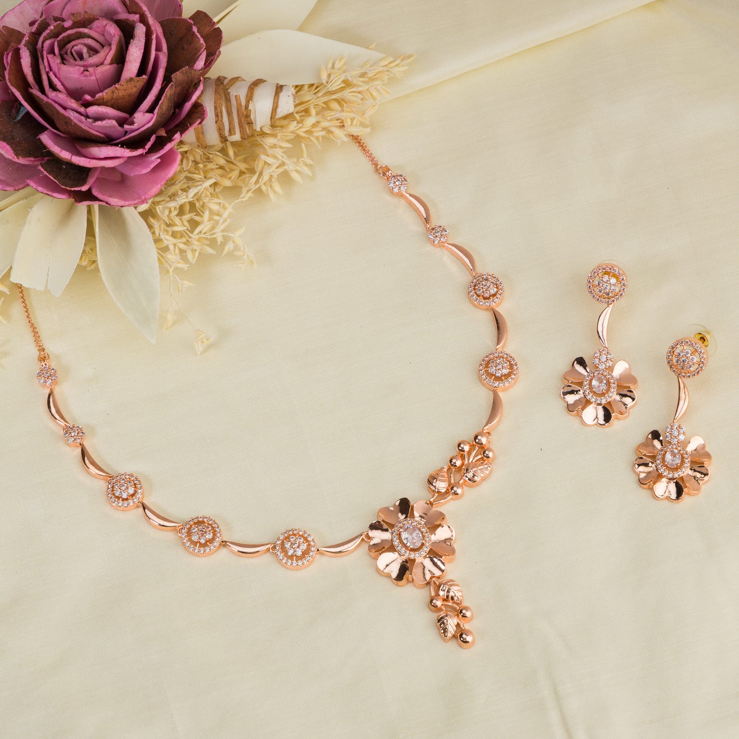 ZIRCON STUDDED ROSEGOLD NECKLACE SET