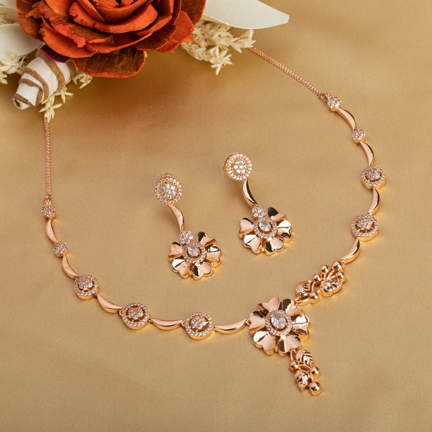 ZIRCON STUDDED ROSEGOLD NECKLACE SET