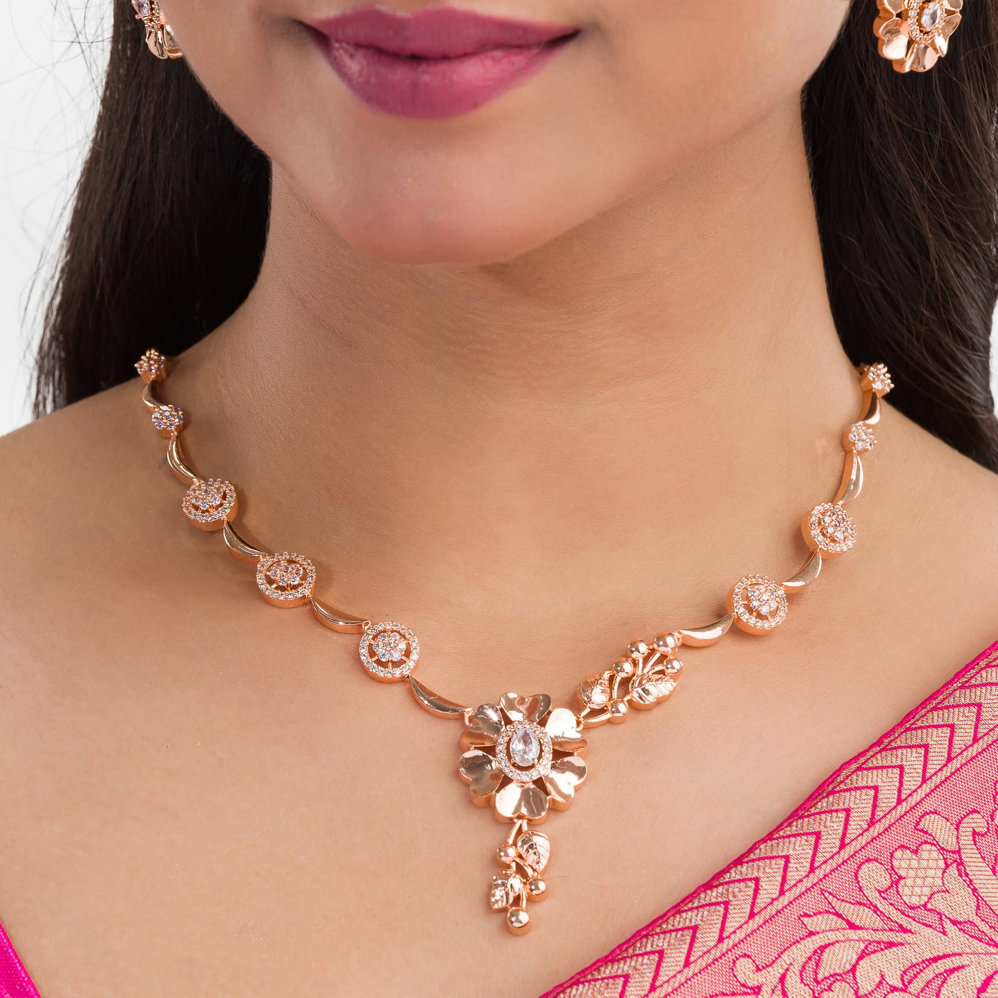 ZIRCON STUDDED ROSEGOLD NECKLACE SET