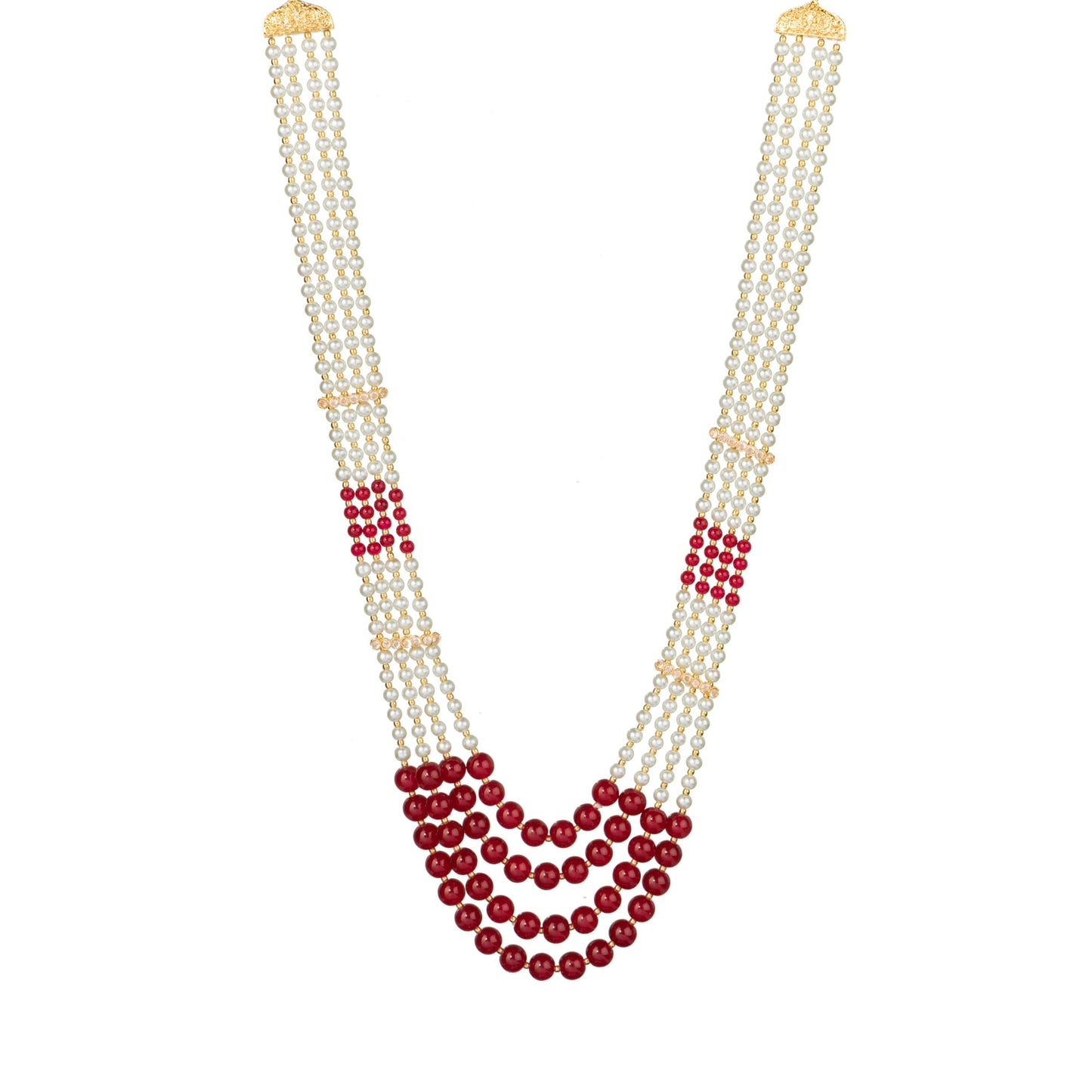 STUNNING LONG NECKLACE SET STUDDED WITH WHITE AND RED PEARLS, OFFERING A VIBRANT AND ELEGANT TOUCH.