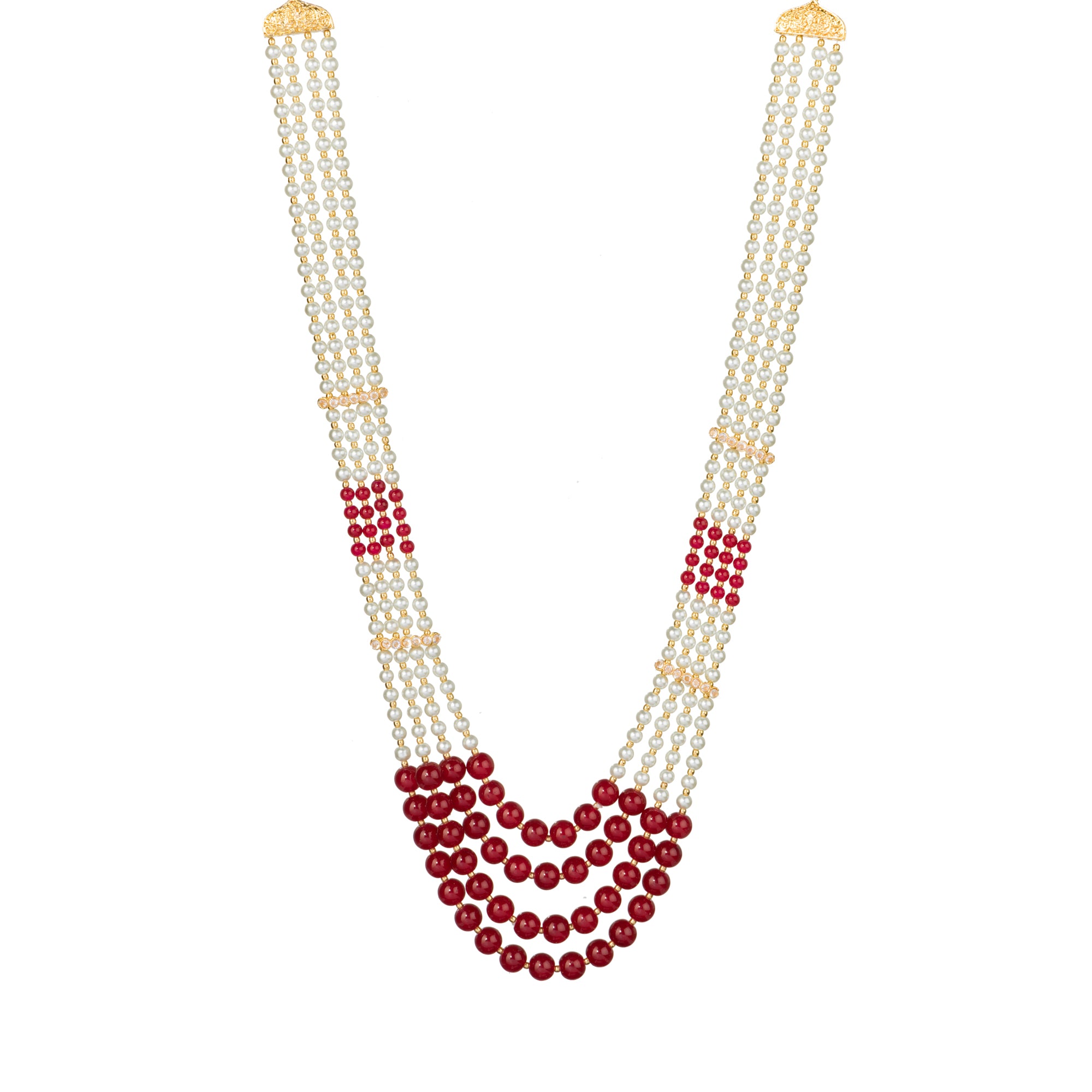 Stunning long necklace set with white and red pearls, adding elegance and vibrancy.
