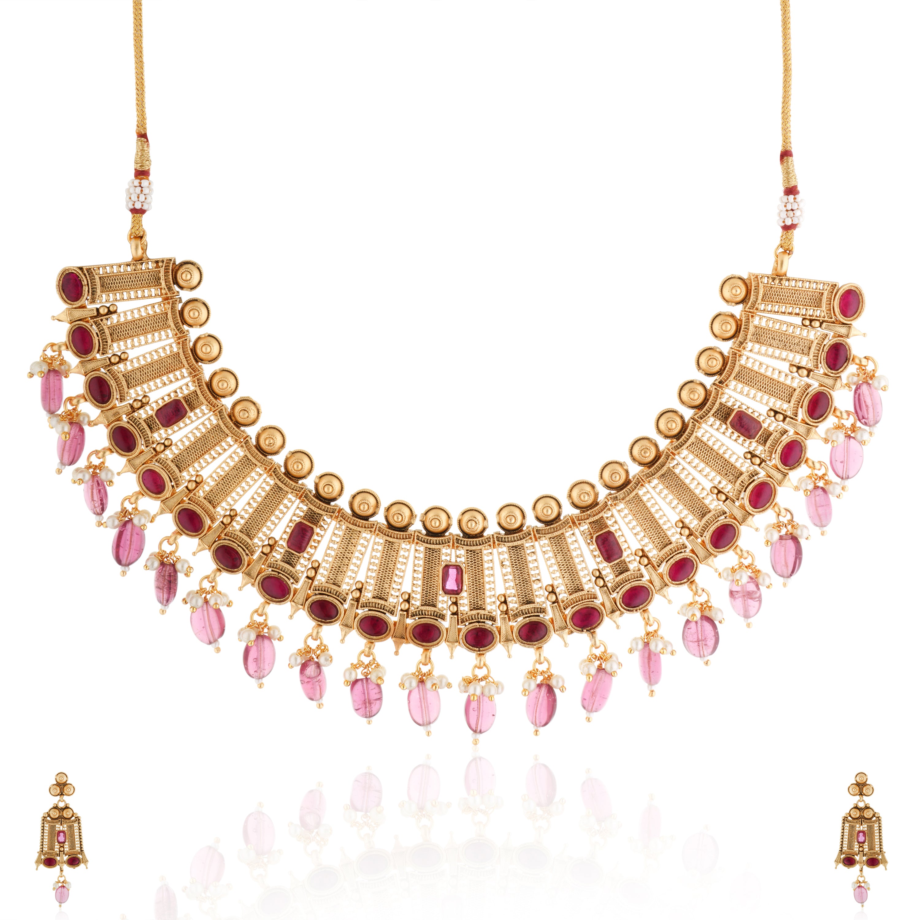 Elegant gold-tone choker necklace set with matching earrings, perfect for festive occasions
