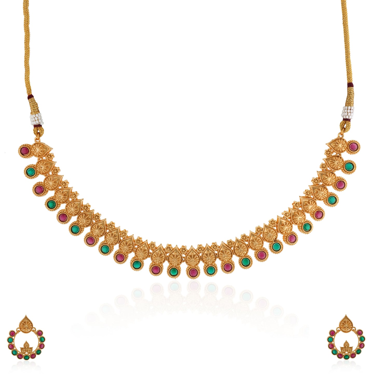 A GOLDTONE NECKLACE SET INCLUDES A NECKLACE AND MATCHING EARRINGS WITH A GOLD-COLORED FINISH,