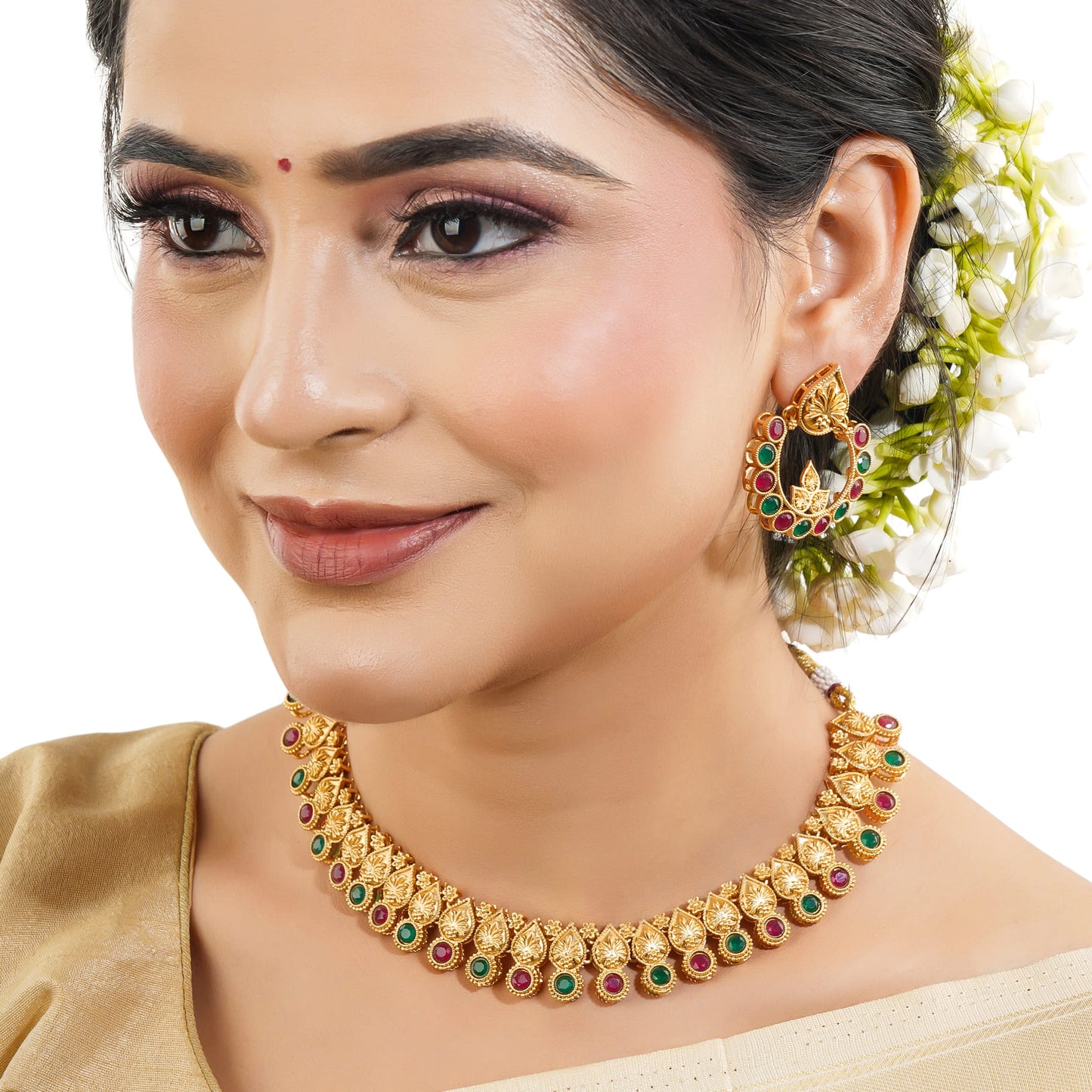 A GOLDTONE NECKLACE SET INCLUDES A NECKLACE AND MATCHING EARRINGS WITH A GOLD-COLORED FINISH,