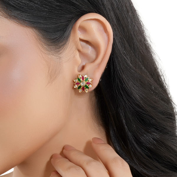 FLORAL DESIGN MULTICOLOR GOLDTONE STUDS FEATURE A GOLDTONE FINISH WITH VIBRANT.