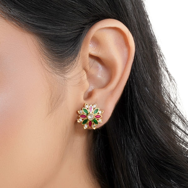 FLORAL DESIGN MULTICOLOR GOLDTONE STUDS FEATURE A GOLDTONE FINISH WITH VIBRANT.