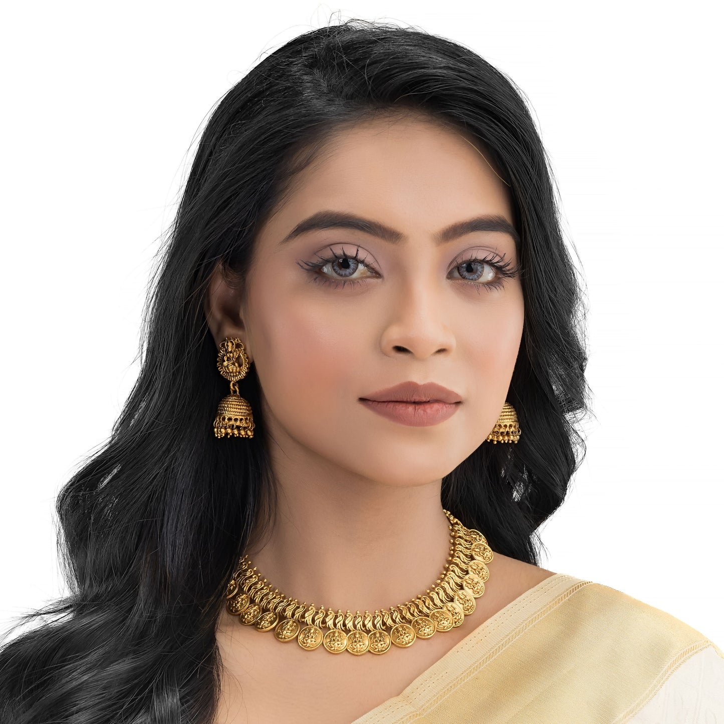 EXQUISITE GODDESS LAXMI CRAFTED LONG NECKLACE SET, SHOWCASING TRADITIONAL TEMPLE JEWELRY DESIGN. PAIRED WITH MATCHING EARRINGS,