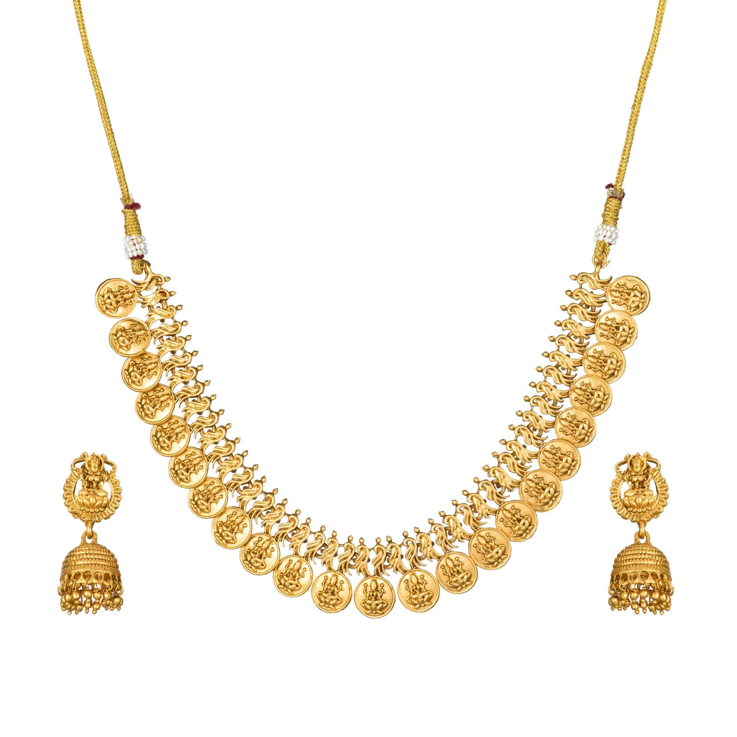 EXQUISITE GODDESS LAXMI CRAFTED LONG NECKLACE SET, SHOWCASING TRADITIONAL TEMPLE JEWELRY DESIGN. PAIRED WITH MATCHING EARRINGS,