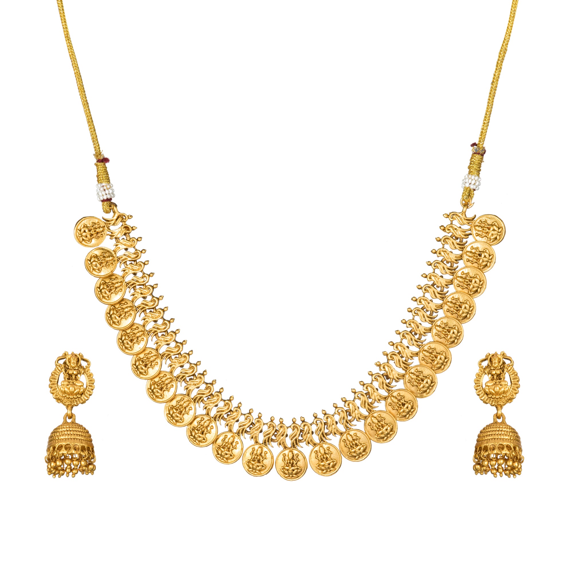 Goddess Laxmi long necklace set with temple design and matching earrings for festive elegance.
