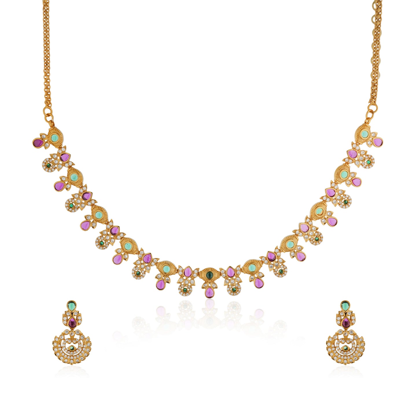 MULTICOLOR STONES-STUDDED GOLDTONE NECKLACE SET AND MATCHING EARRINGS ADORNED WITH VIBRANT STONES SET IN A GOLDTONE FINISH.