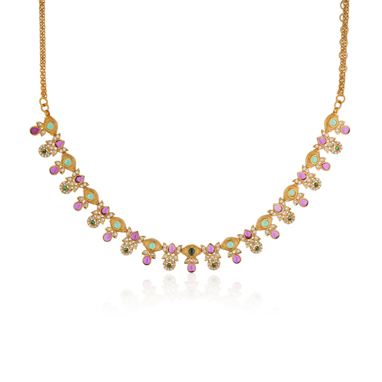 MULTICOLOR STONES-STUDDED GOLDTONE NECKLACE SET AND MATCHING EARRINGS ADORNED WITH VIBRANT STONES SET IN A GOLDTONE FINISH.