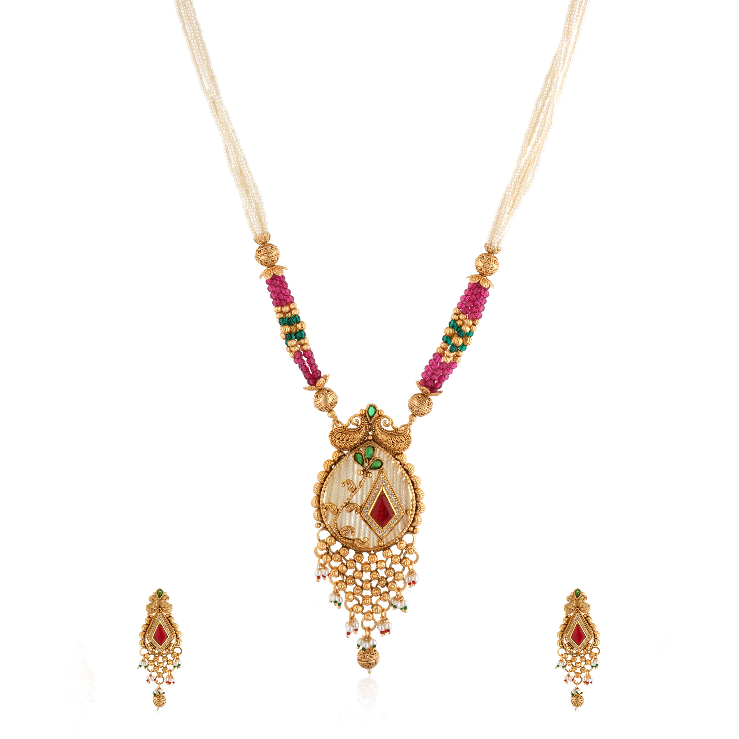 Elegant gold-tone long necklace set with multicolored stones and pearls, perfect for festive occasions.
