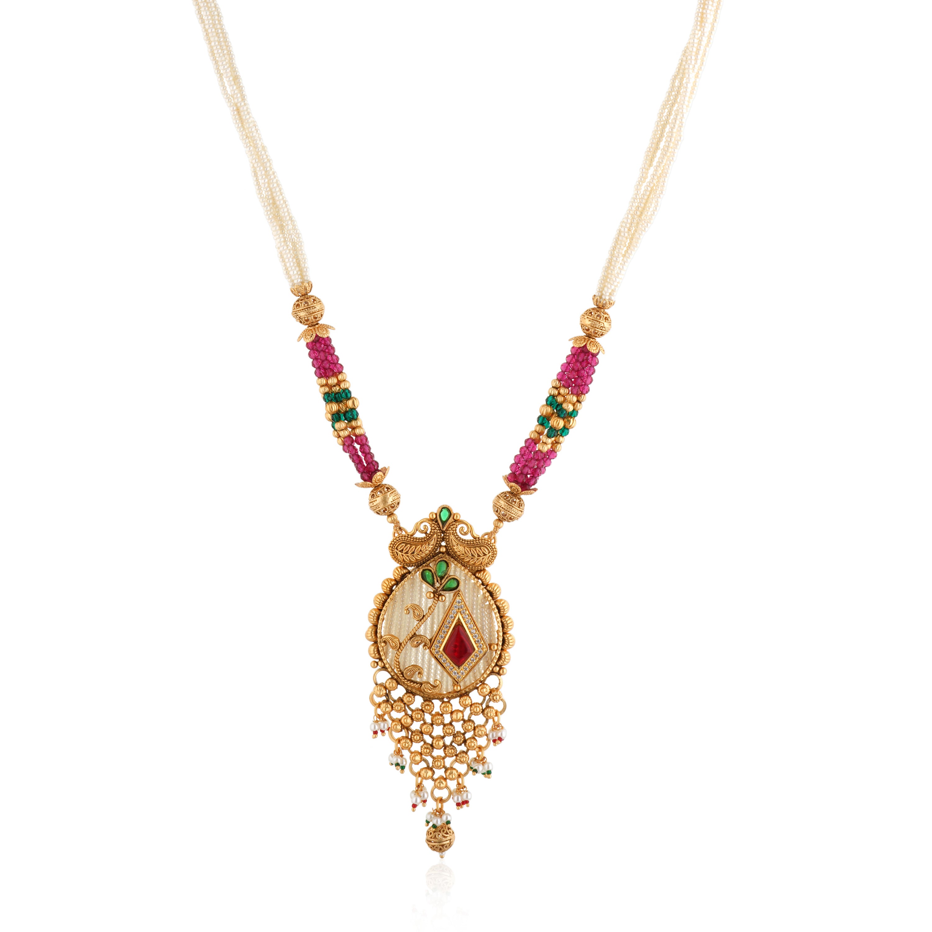 Elegant gold-tone long necklace set with multicolored stones and pearls, perfect for festive occasions.
