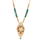 "Stunning gold-tone long necklace set with zircon stones and green beads for a vibrant look."
