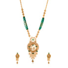 "Stunning gold-tone long necklace set with zircon stones and green beads for a vibrant look."
