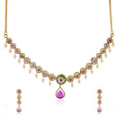 "Elegant gold-tone short necklace set with pink and white zircon stones for a sophisticated touch."
